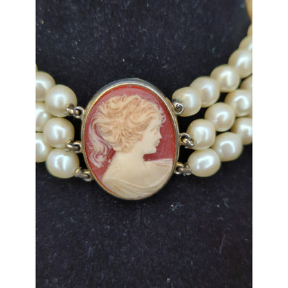 Vintage Triple Strand Faux Pearl Choker Cameo Centerpiece Victorian Style