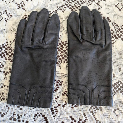 Vintage Fownes Charcoal Gray Leather Gloves Size 6.5 Rayon Lined Geometric