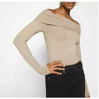 Vero Moda SMALL Long Sleeve Off Shoulder Top Silver Mink Sexy Cocktail BODYCON