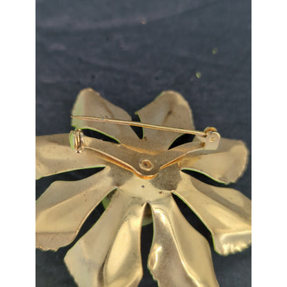 Vintage Enamel Flower Brooch Pin Chartreuse Lime Green Gold Tone Retro