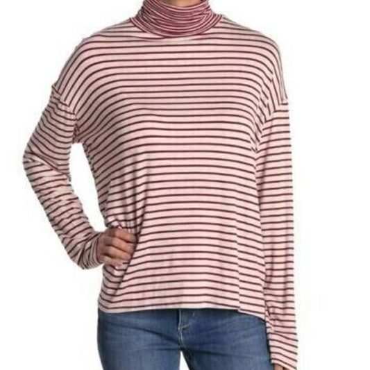 PST By Project Social T Turtleneck Top XS layering Burgundy Oatmeal Stripe NWT