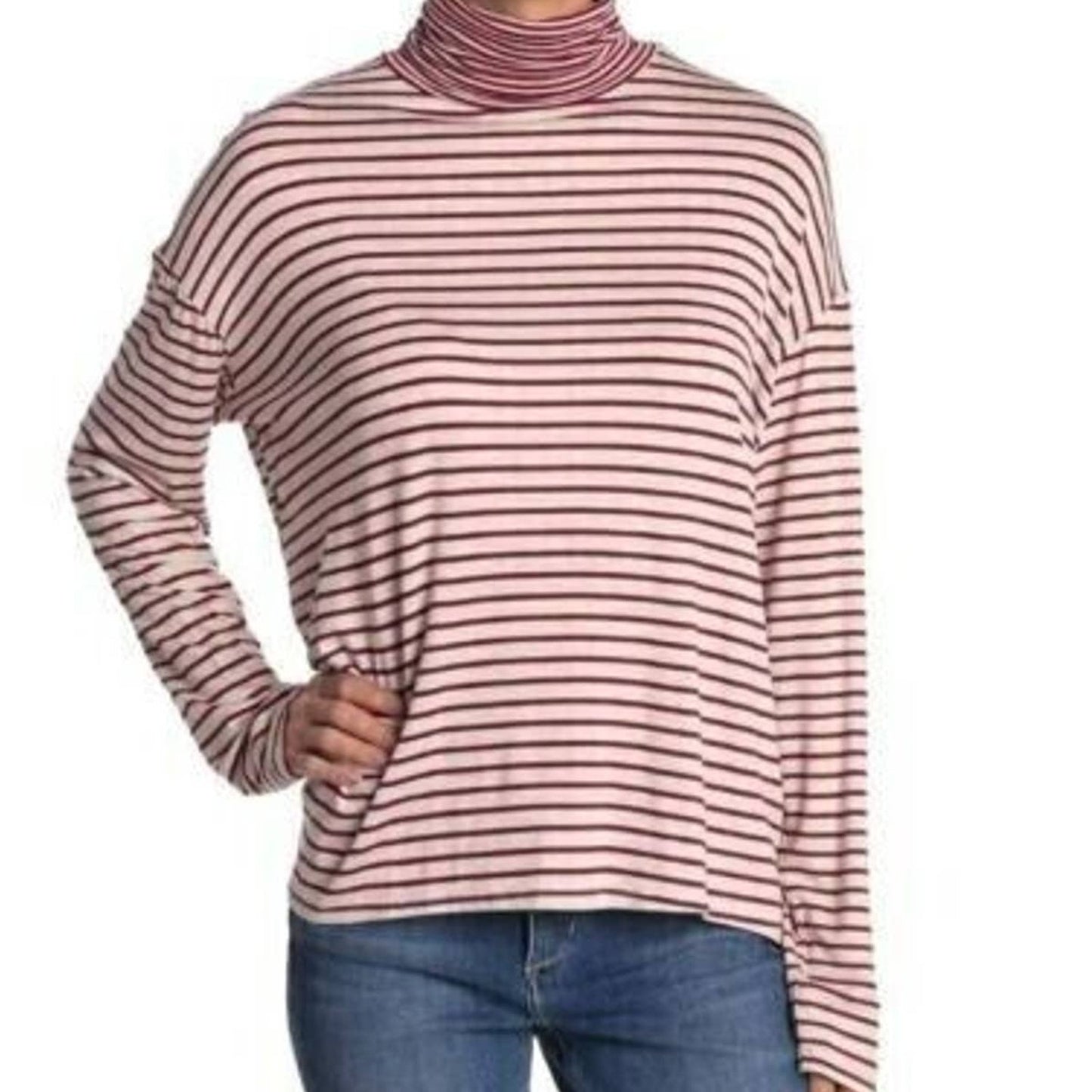 PST By Project Social T Turtleneck Top XS layering Burgundy Oatmeal Stripe NWT