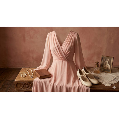 Miss Elliette Vintage 1990s Puff Sleeve Faux Wrap Pleated Dress Pink Medium