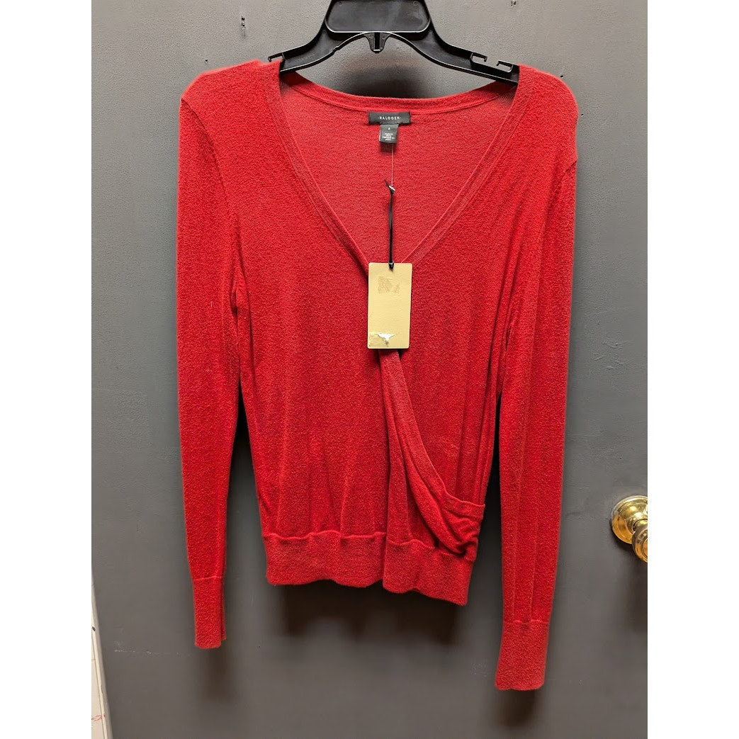 Halogen Red Faux Wrap VNeck Sweater Size Small ribbed waist long sleeve NEW