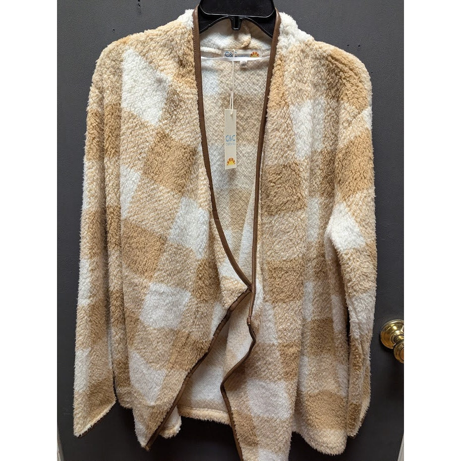 C&C California Cardigan Plaid Sherpa Jacket Medium Brown Cream Open Front NEW