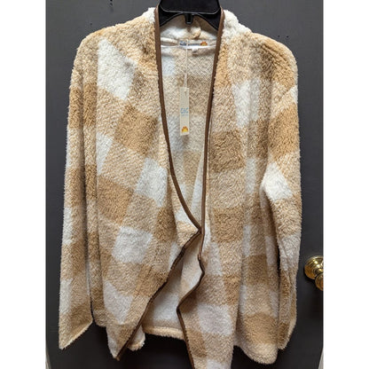 C&C California Cardigan Plaid Sherpa Jacket Medium Brown Cream Open Front NEW