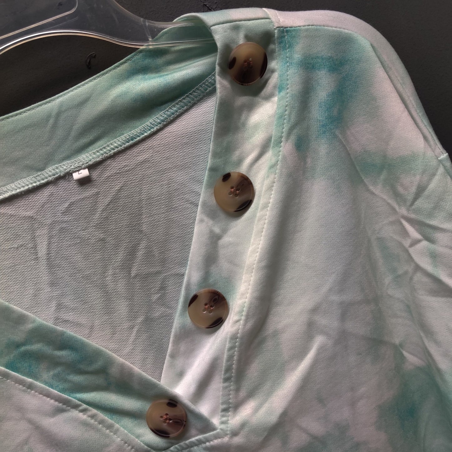 Teal White Tie Dye Henley Top Large Long Sleeve Button Neck Casual Comfy Large