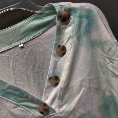 Teal White Tie Dye Henley Top Large Long Sleeve Button Neck Casual Comfy Large