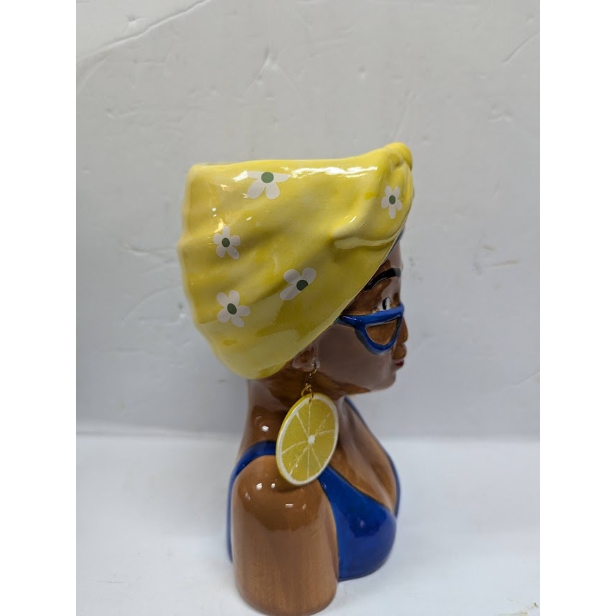 Large Ceramic Fruit lady headvase planter 9" tall YELLOW BANDANA LEMON RING