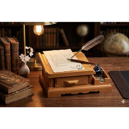 Vintage Asian Wooden Desktop Writing Slope & Organizer Vanity Box