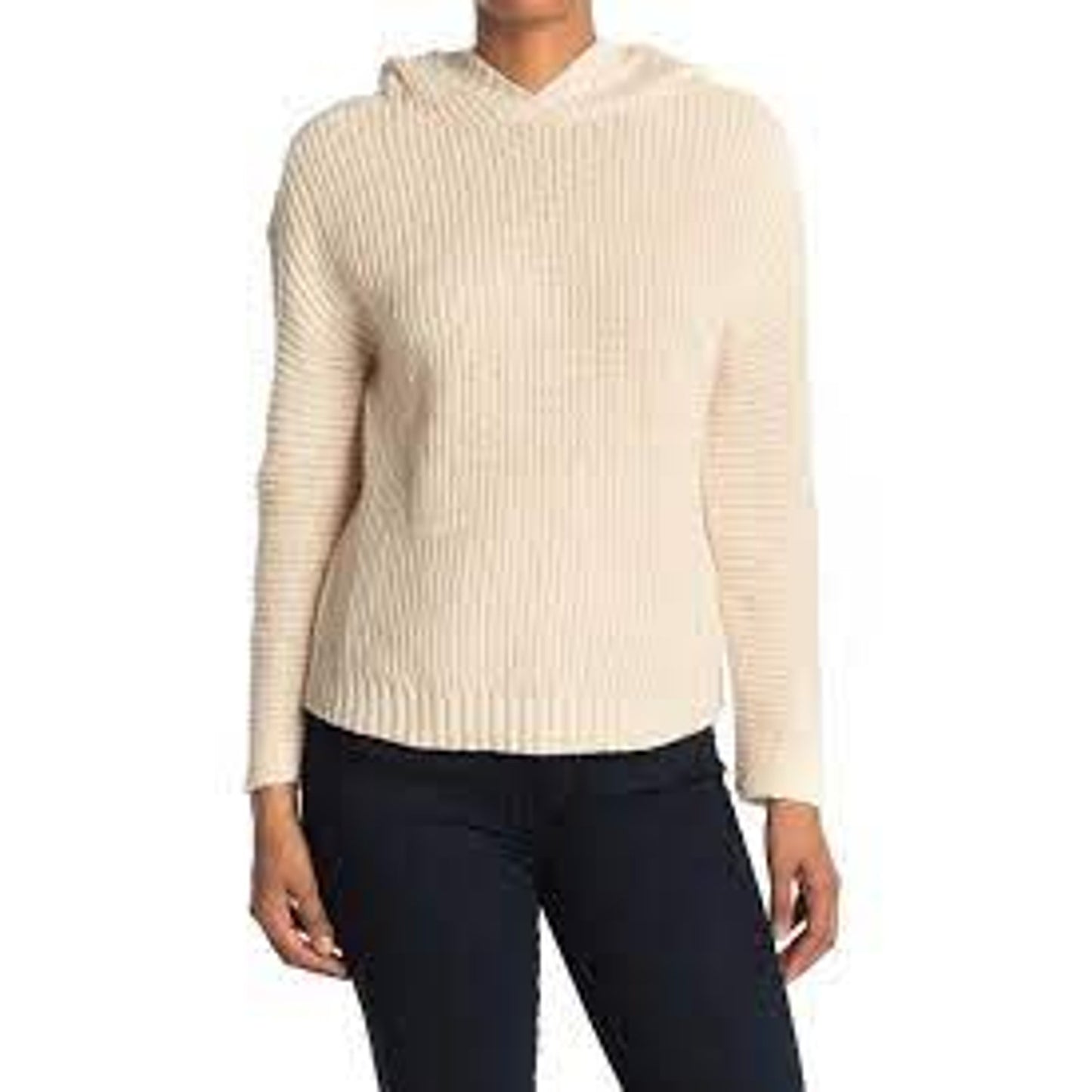 Abound Cozy Ribbed Knit Long Sleeve Hoodie Sweater Heather Beige X-SMALL NWT