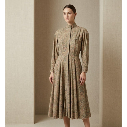 Liz Claiborne Vintage Paisley Midi Dress Pleated Earthy Boho Rayon 4 Prairie