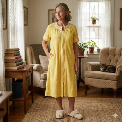 Vintage canary yellow white Housecoat housedress terrycloth pocket Medium/Large