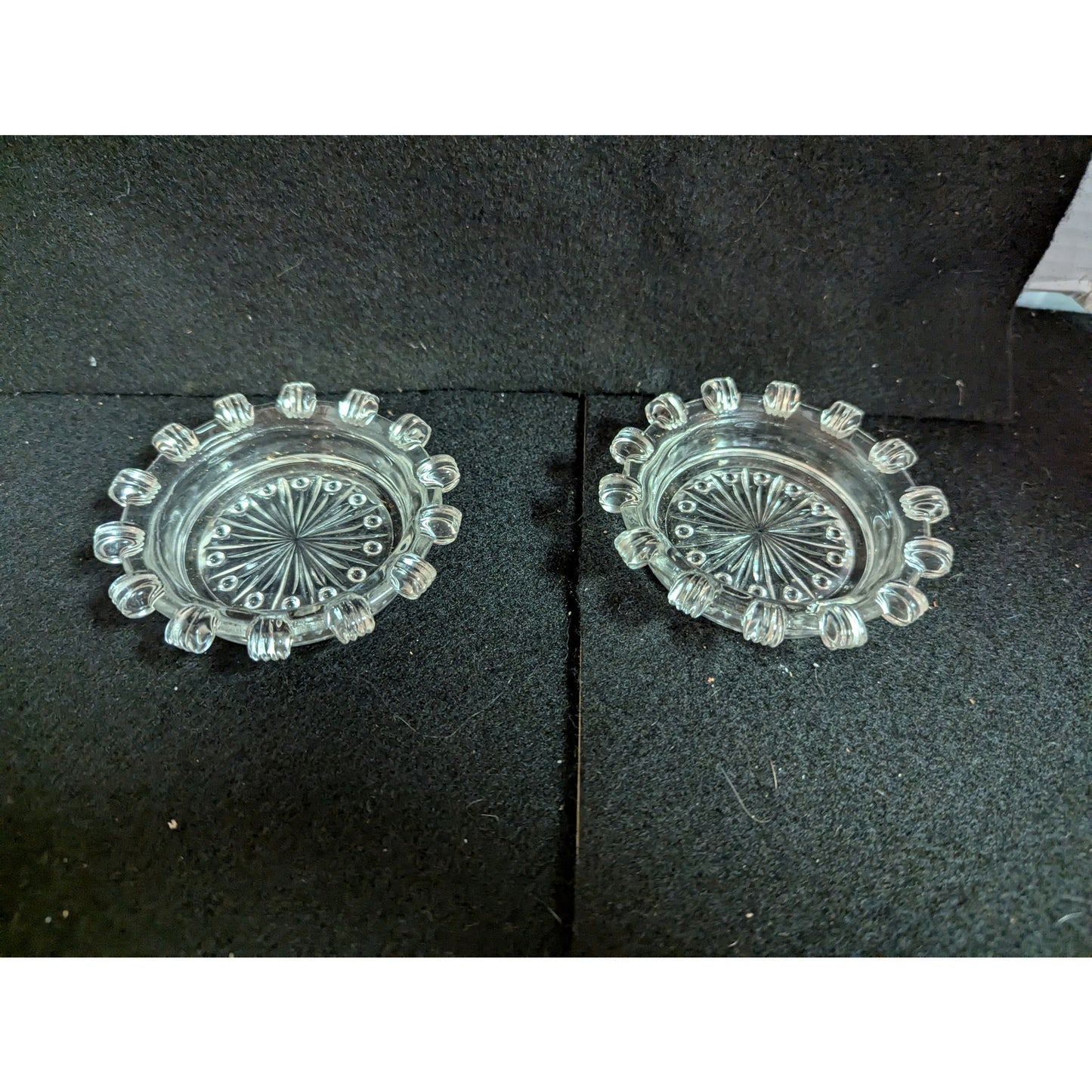 Vintage Federal Glass Clear Sunburst Starburst Coasters / Trinket Dishes - Pair