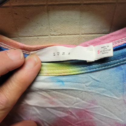 LUSH pink blue yellow crop top Tie Dye Long sleeve top LARGE new casual  hippie