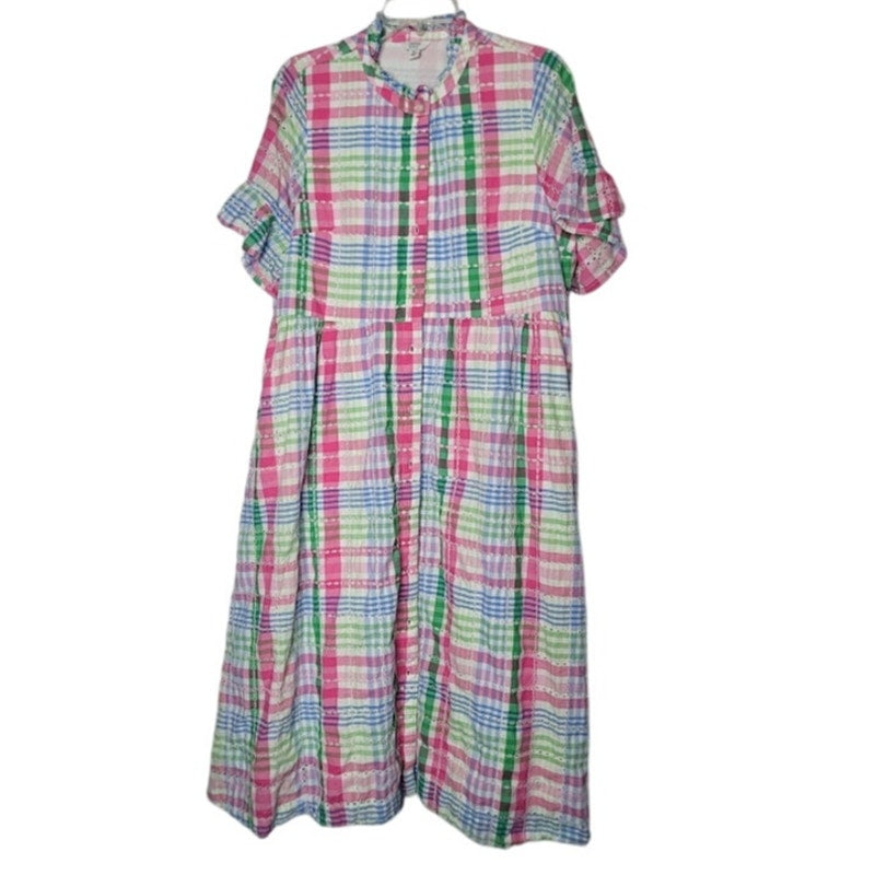 Crown & Ivy Plaid eyelet button up Dress Midi Size XL Pockets flutter sleeve