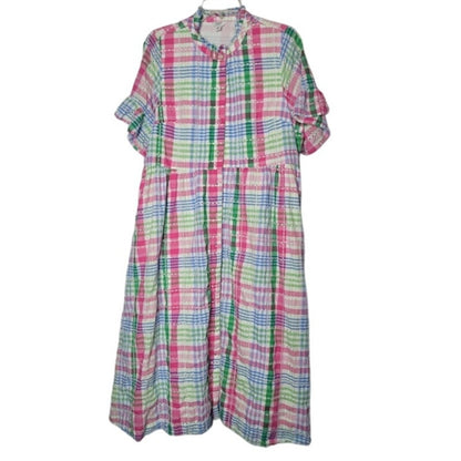 Crown & Ivy Plaid eyelet button up Dress Midi Size XL Pockets flutter sleeve