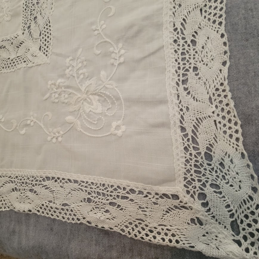 Vintage Linens 70s Tablecloth Hand Embroidery Lace Detail 36" x 36" SQUARE White