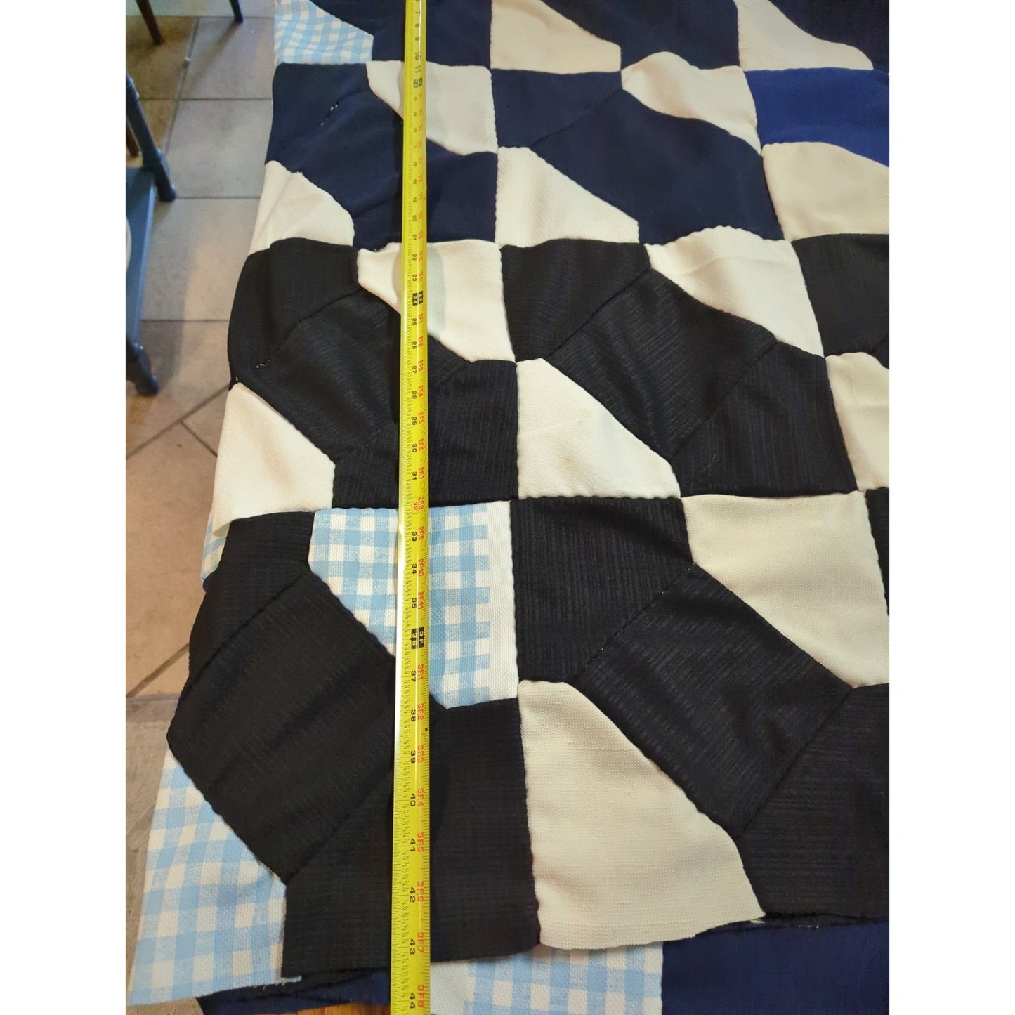 Unfinished Polyester Patchwork Quilt topper Black Blue White Gingham Project