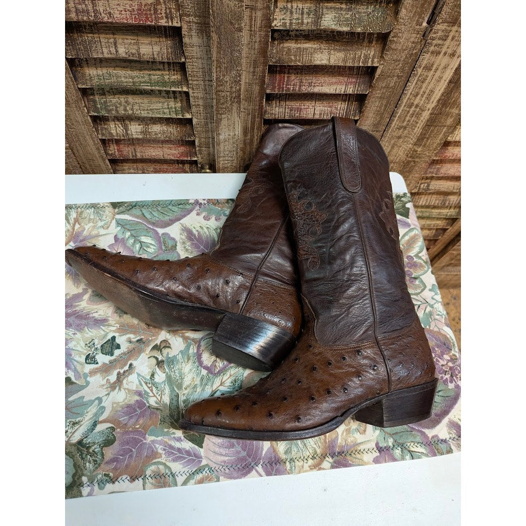 Nocona Vintage Brown Full Quill Ostrich Leather Western Cowboy Boots 9.5 D
