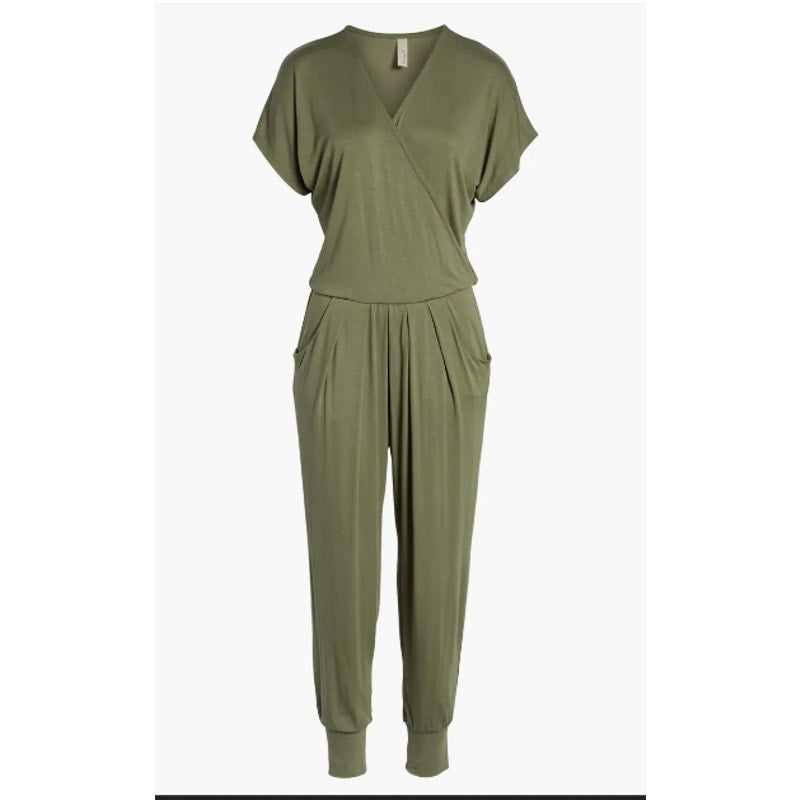 Loveappella Short Sleeve One Piece Wrap Top Jumpsuit OLIVE Pockets MEDIUM NEW