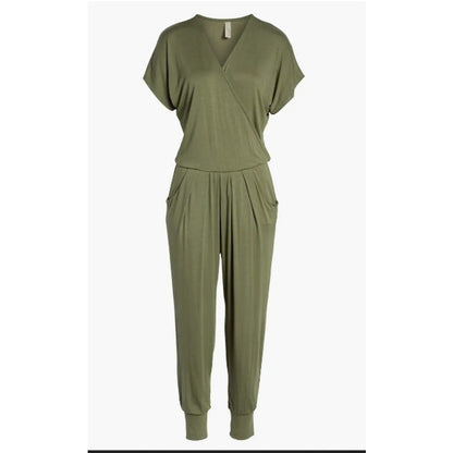 Loveappella Short Sleeve One Piece Wrap Top Jumpsuit OLIVE Pockets MEDIUM NEW