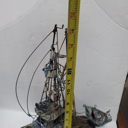 Large VINTAGE Copper bronzed ship brig dingy mounted on varnished 15" x 17" wood
