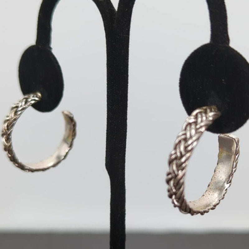 Vintage PIERCED fashion  Earrings Silver tone Braided Rope Semi Hoop