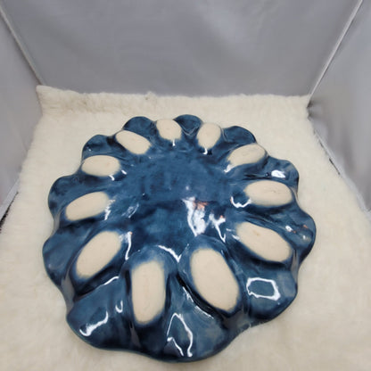 Vintage Handmade Art Studio Pottery Deviled Egg Oyster Platter Cobalt Blue White