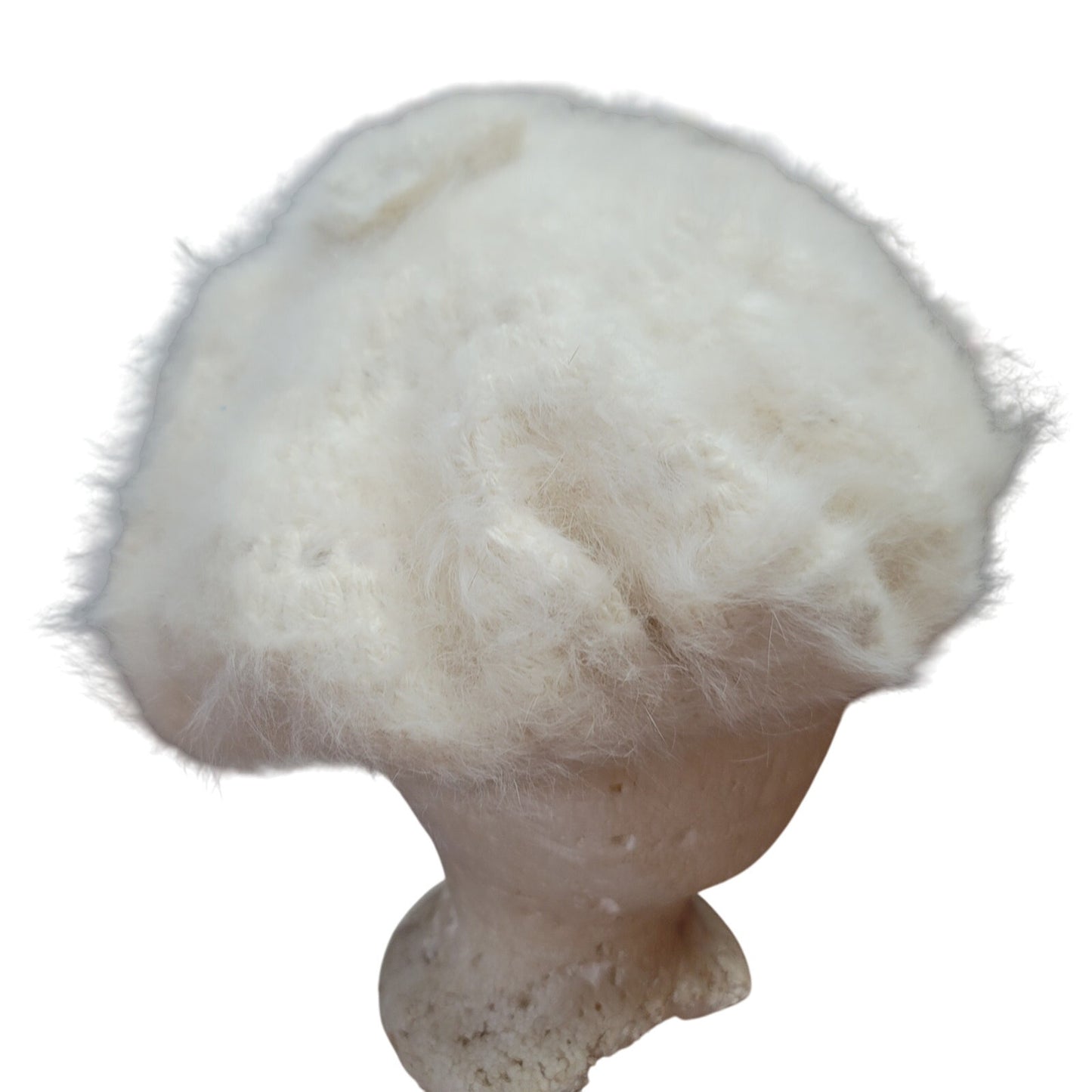 VINTAGE Angora beret fluffy cream hat floral detail on top luxurious one Size