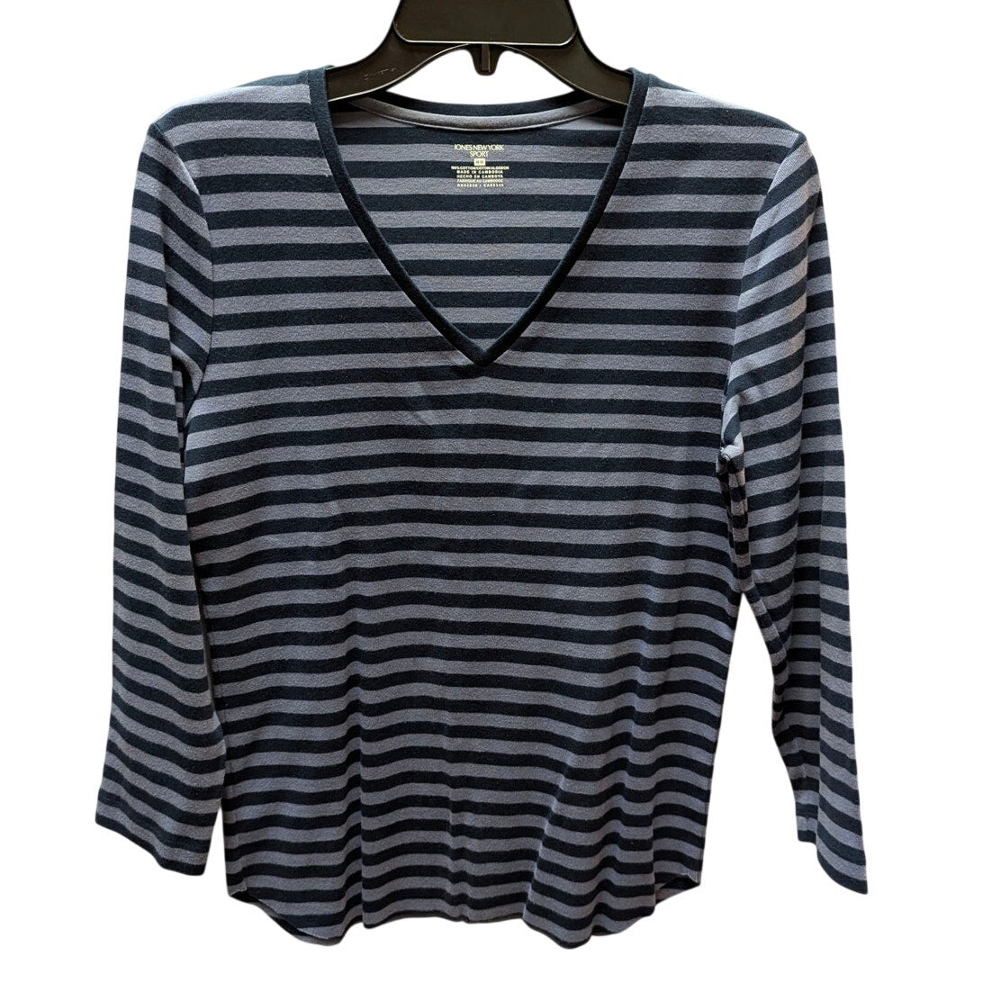 Jones New York Sport Striped V-Neck Top Womens Medium Blue Grey Cotton Tee
