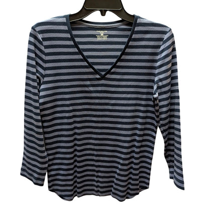 Jones New York Sport Striped V-Neck Top Womens Medium Blue Grey Cotton Tee