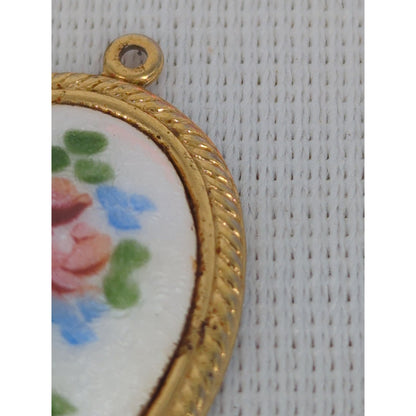 Vintage Hand Painted Floral Pendant Gold Tone Frame Oval Rose Medallion