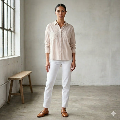 1. State Striped Button Up Shirt Womens XS Pink White Rayon Pocket Blouse