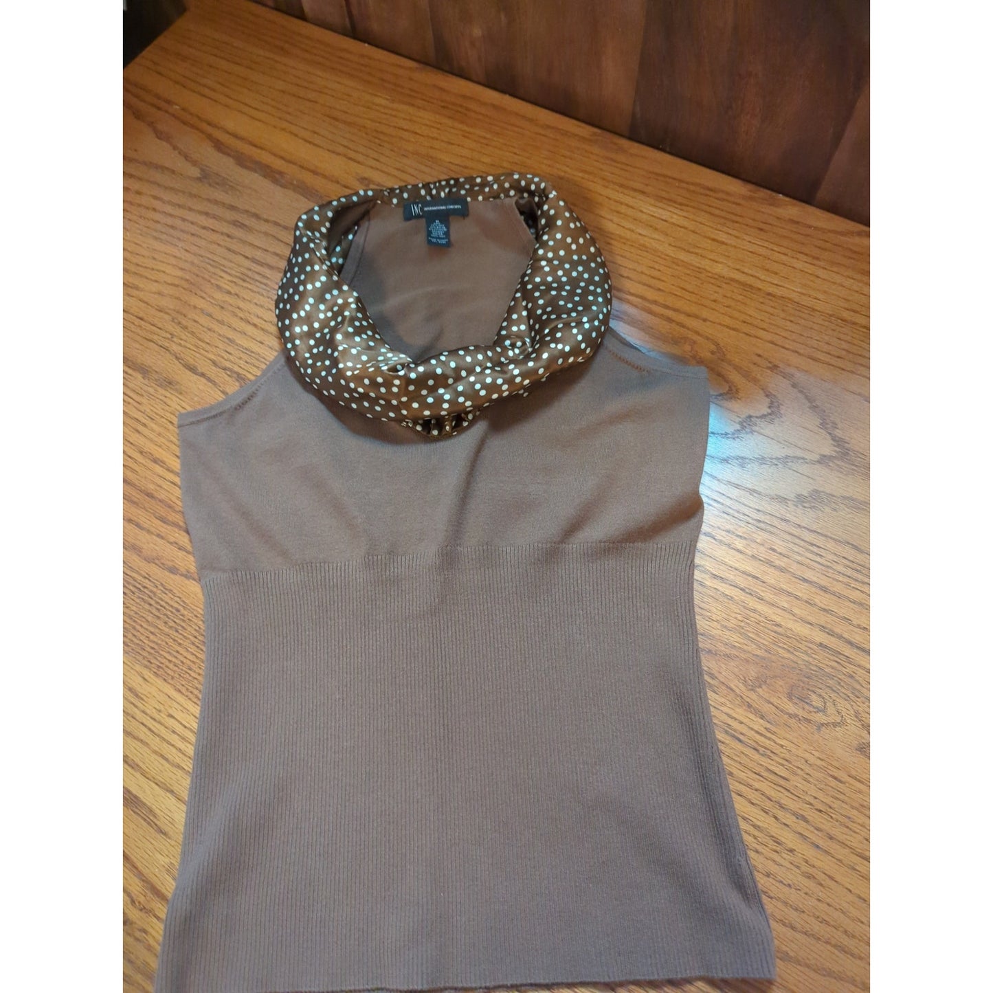 INC International Concept Brown Polka Dot Cowl Neck Halter Tank Top Medium Retro