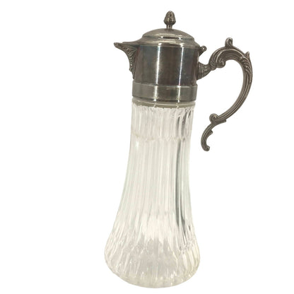 Antique Glass Cooling Ewer Pitcher With Silver Plate Lid  Carafe Single Handle