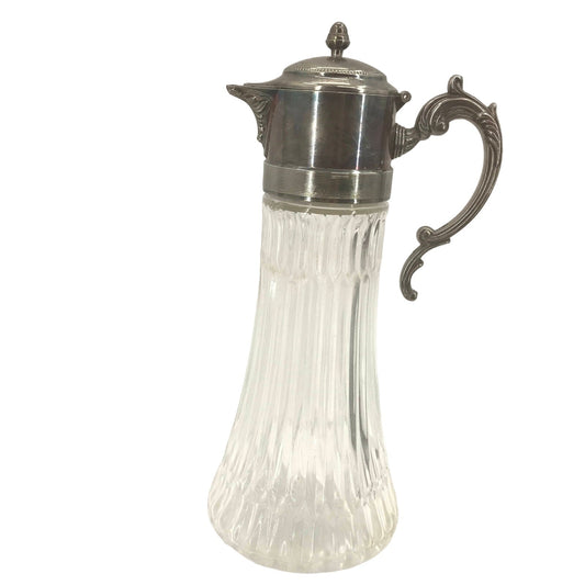 Antique Glass Cooling Ewer Pitcher With Silver Plate Lid  Carafe Single Handle