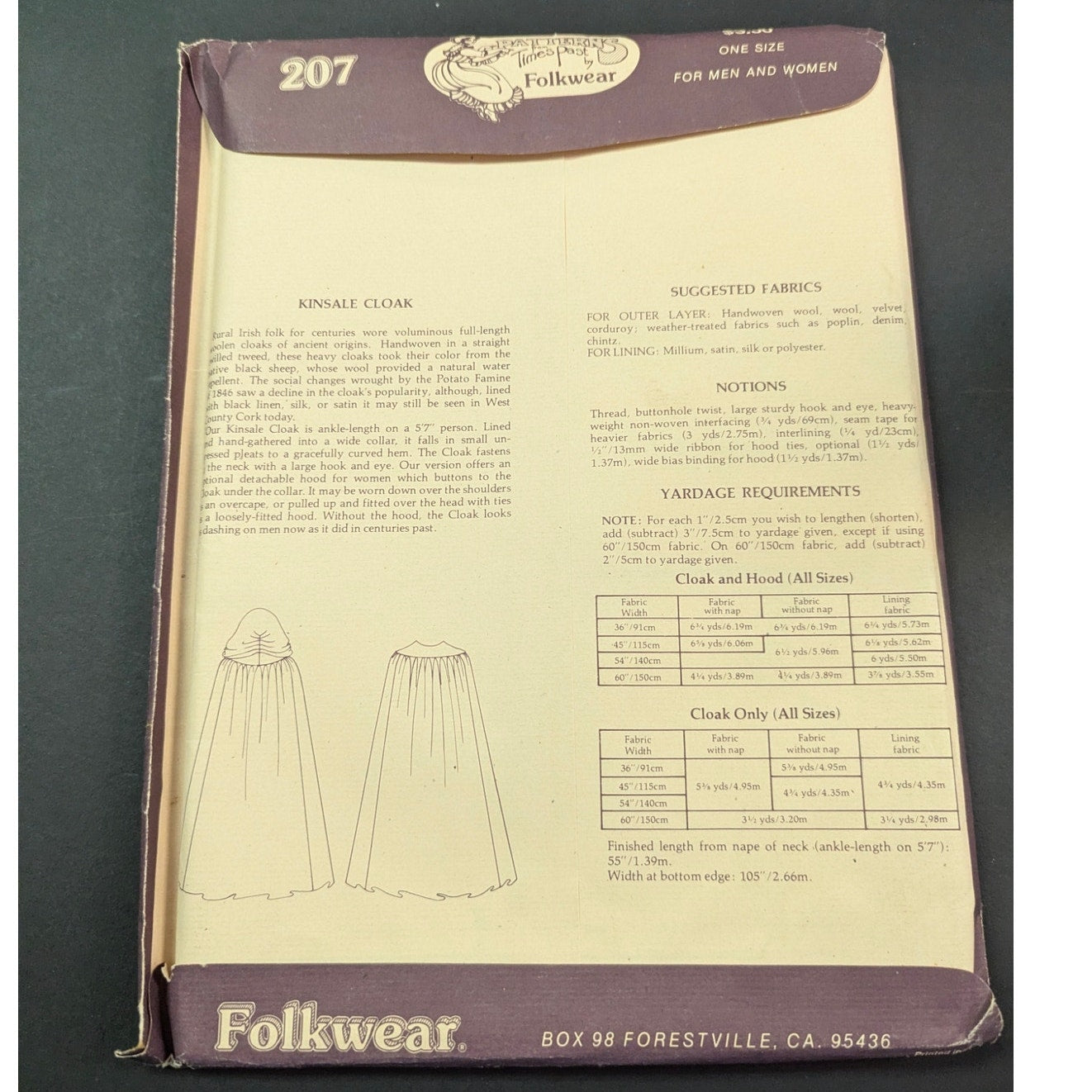 Vintage Folkwear 207 Kinsale Cloak Sewing Pattern 1970s Irish Cape & Hood
