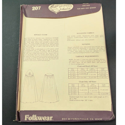Vintage Folkwear 207 Kinsale Cloak Sewing Pattern 1970s Irish Cape & Hood