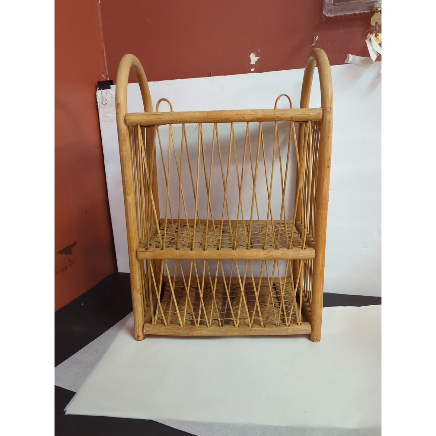 Vintage Wicker Rattan Wall Cabinet Shelf Hanging Bathroom Boho Towel TP Holder