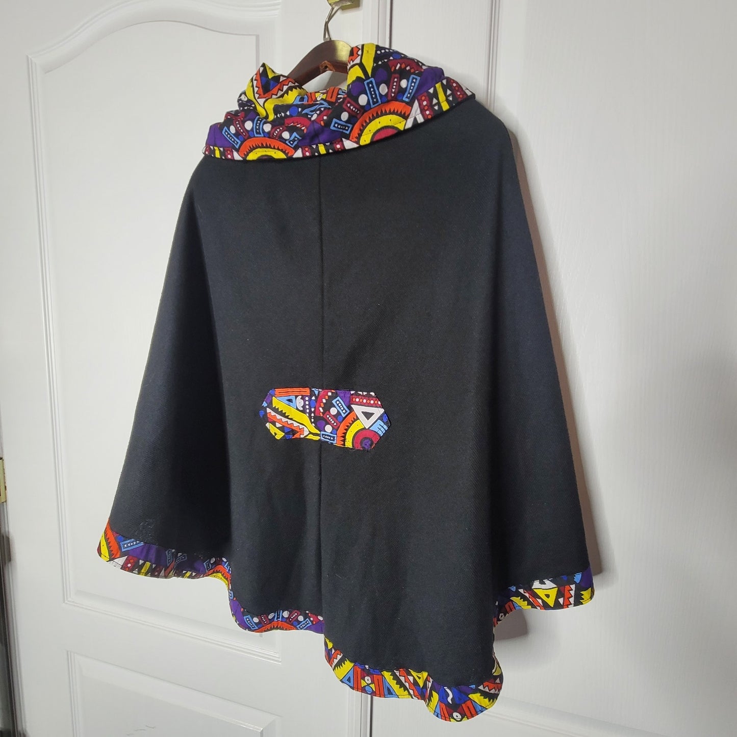 Afrocentric Cowl Neck Poncho Graphic Cape Ankara Trim Black Boho Cozy DrapeCore