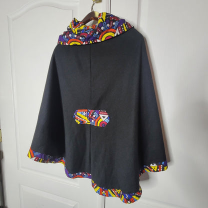 Afrocentric Cowl Neck Poncho Graphic Cape Ankara Trim Black Boho Cozy DrapeCore