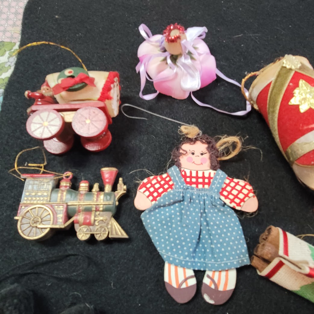 Vintage Lot of 11 Christmas Ornaments Soldiers, train, Flower, Wagon, Firewood
