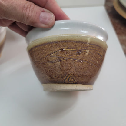 Lot of 3 handmade art pottery studio tea bowls Earthtones brown white sand Clay