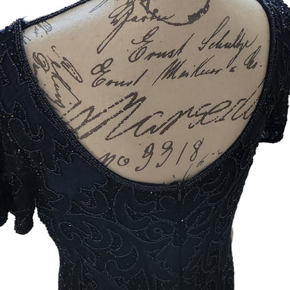 Pisarro Nights Column Dress cap sleeve Beaded Mesh Formal Gown Sz 12 in Navy NEW