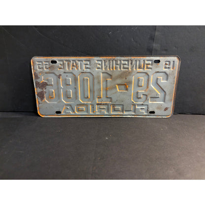 Vintage 1955 Florida License Plate Sunshine State Metal Tag White Grey Patina