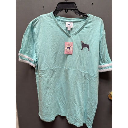 Southern Girl Prep MEDIUM NEW SHORT  Sleeve Shirt Cotton TEAL BLUE WHITE STRIPE