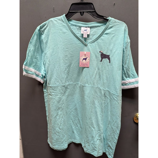 Southern Girl Prep MEDIUM NEW SHORT  Sleeve Shirt Cotton TEAL BLUE WHITE STRIPE