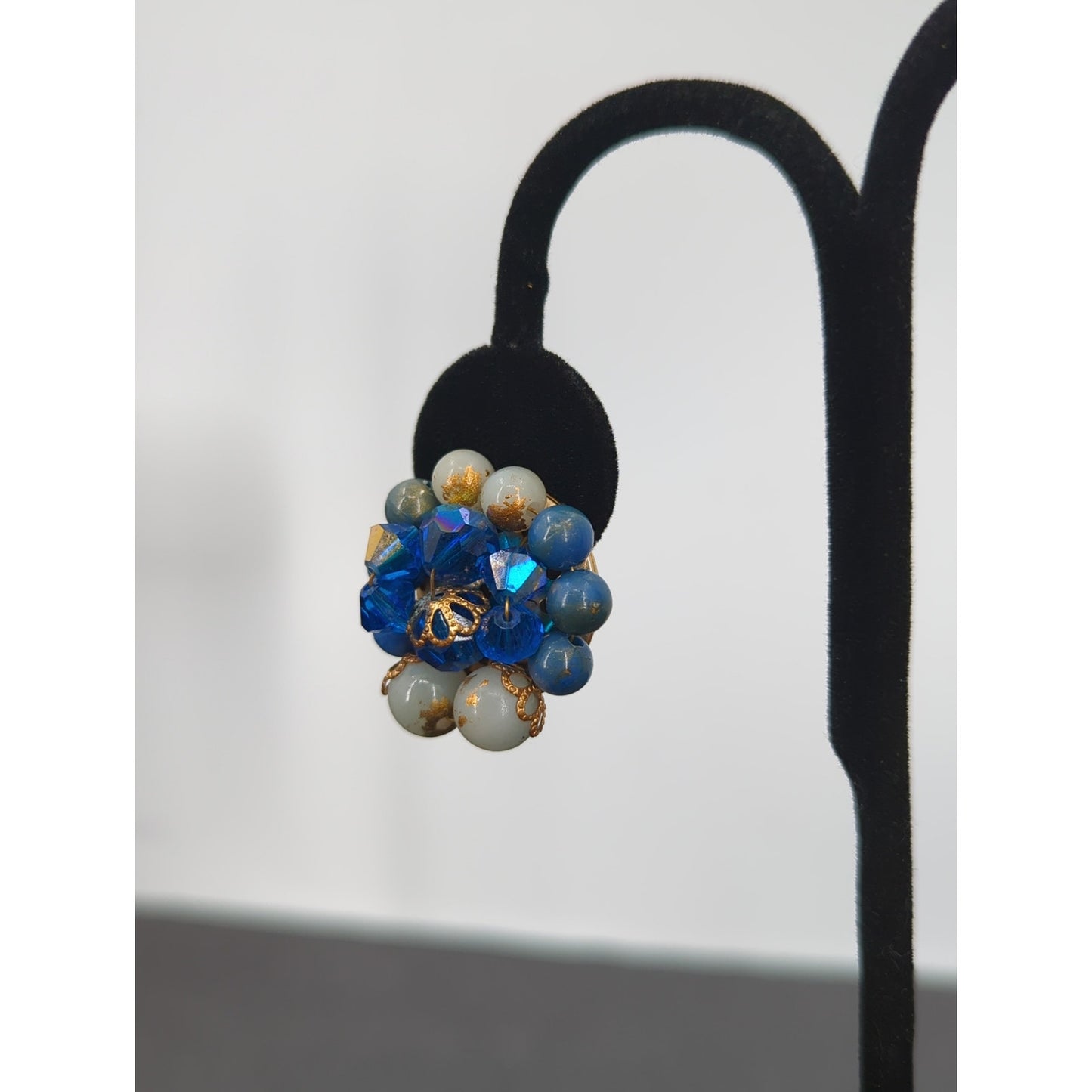 Vintage Blue & Gold Rhinestone Layered Sunburst Cluster Clip On Earrings