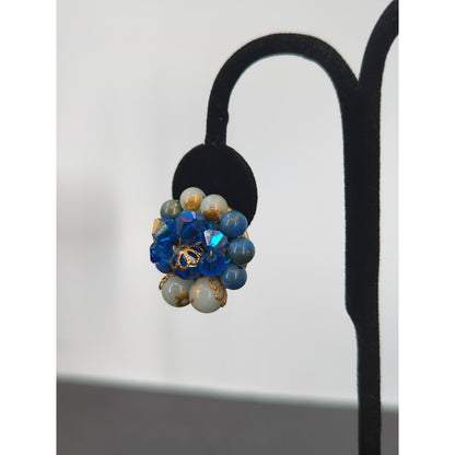Vintage Blue & Gold Rhinestone Layered Sunburst Cluster Clip On Earrings